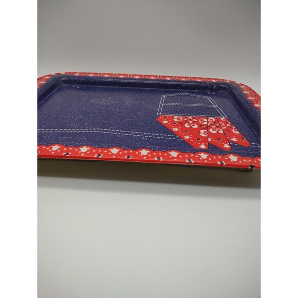 Vintage Denim Blue Jeans Red Bandana Rectangular Folding Metal Tin TV Tray, READ - Picture 9 of 16